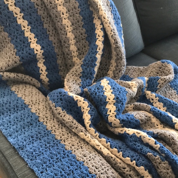 Handmade Queen Size Blue and Gray Striped Crochet Blanket - Picture 3 of 9